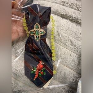 Upcycle Striped Tie necklace with Cardinal and Green Gem Brooch